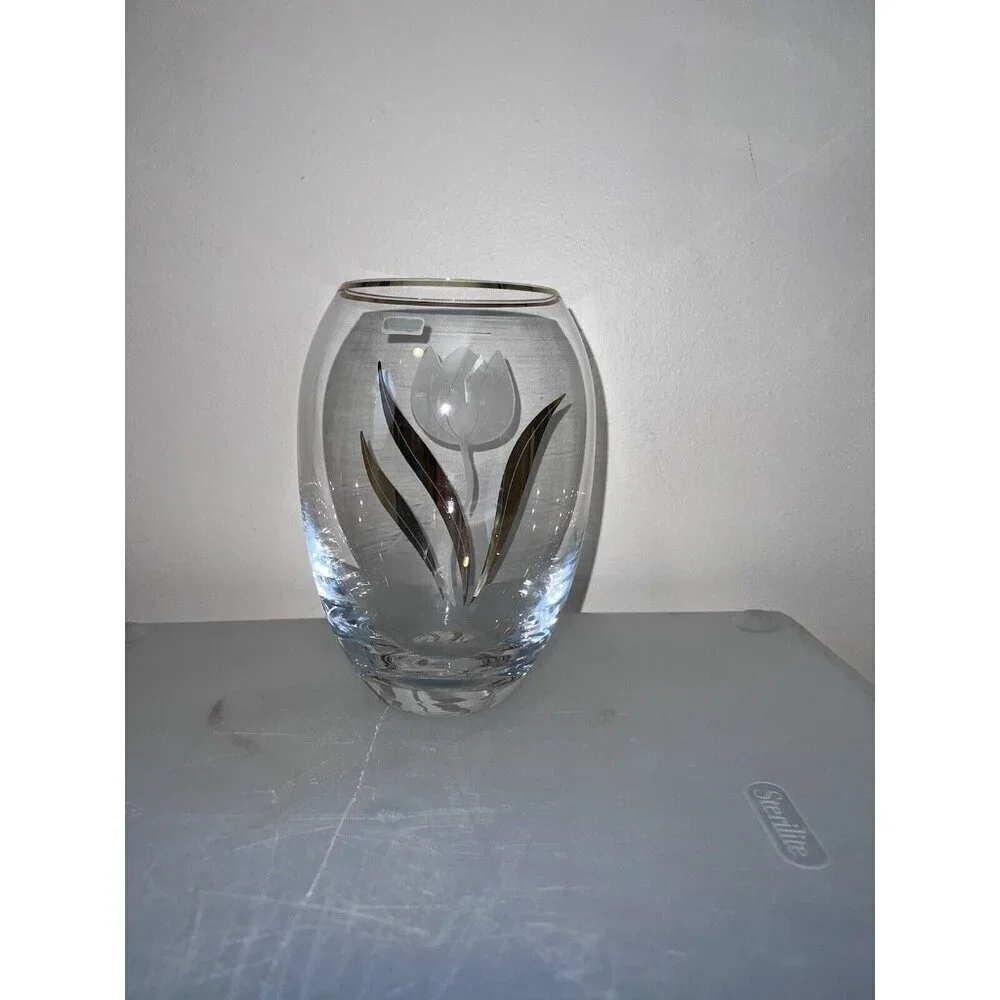 BOHEMIA Hand Made Tulip Crystalex Glass Vase with Gold Trim